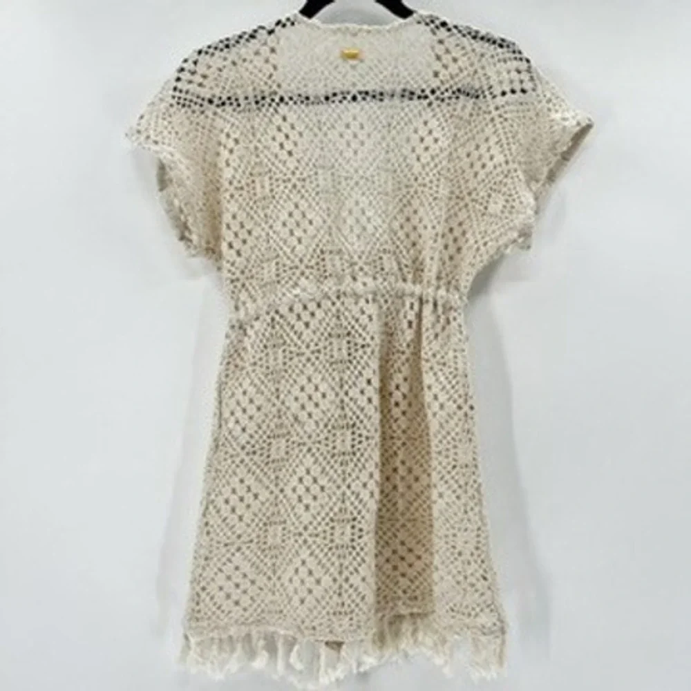 Tela Anthro‎ Cream Crochet Swim Cover Up Drawstring Fringe Hem Short Sleeve Boho